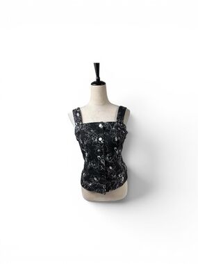 White House Black Market Black Floral Square-Neck Button denim Tank size 10